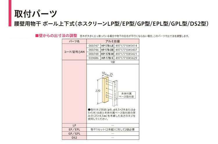 川口技研　腰壁用ホスクリーン上下式　取付パーツ　HP-17B-LB